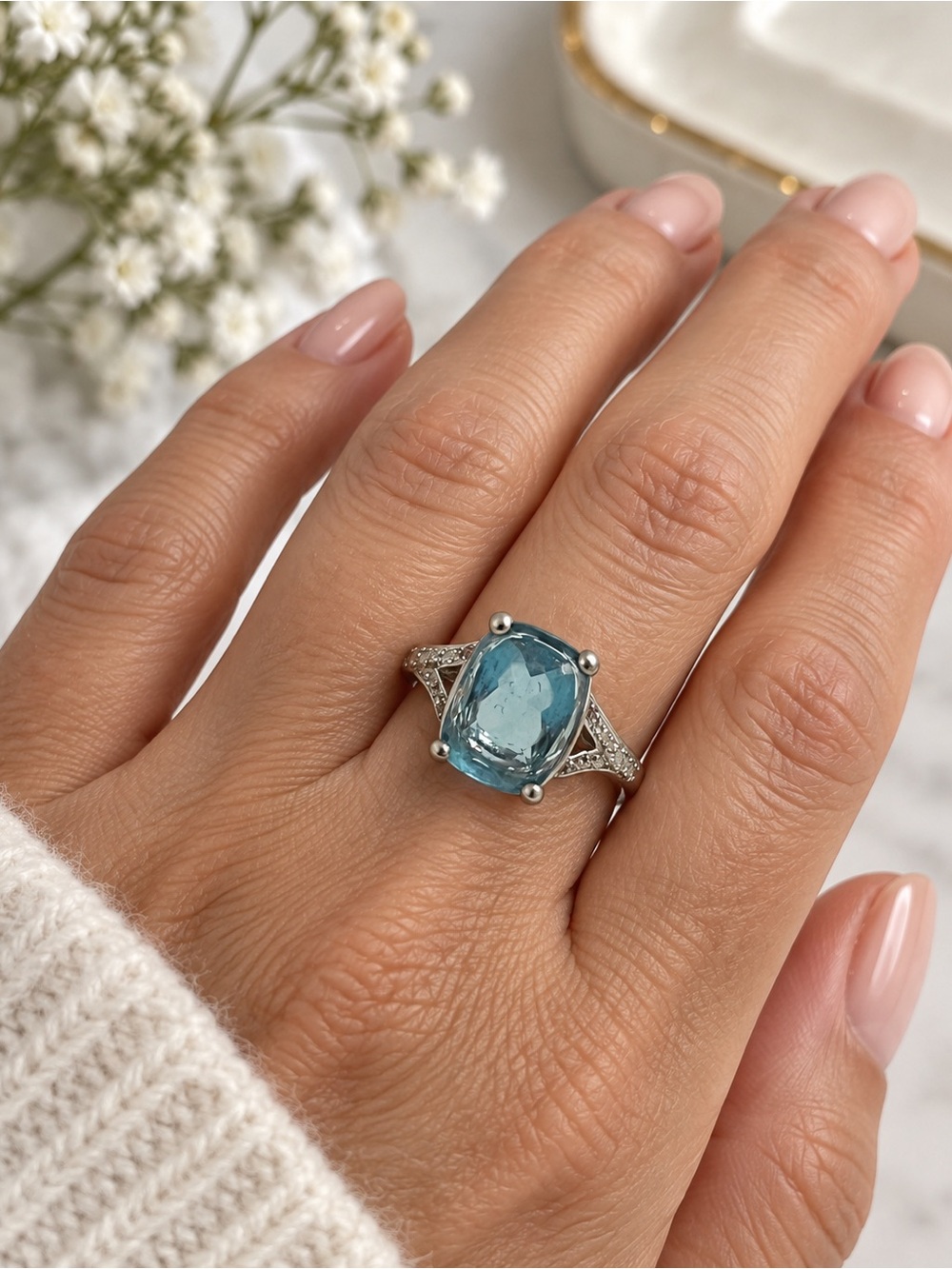 925 Sterling Silver Large Aqua Blue Cushion Stone Cocktail Ring